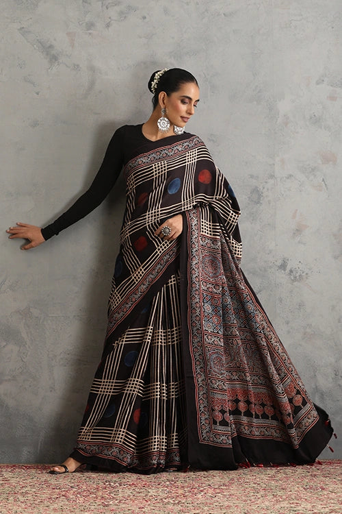 TENAARO  Geometry Black Ajrakh Hand Block Printed Modal  Saree