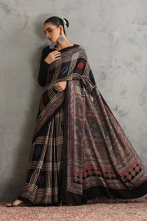 TENAARO  Geometry Black Ajrakh Hand Block Printed Modal  Saree