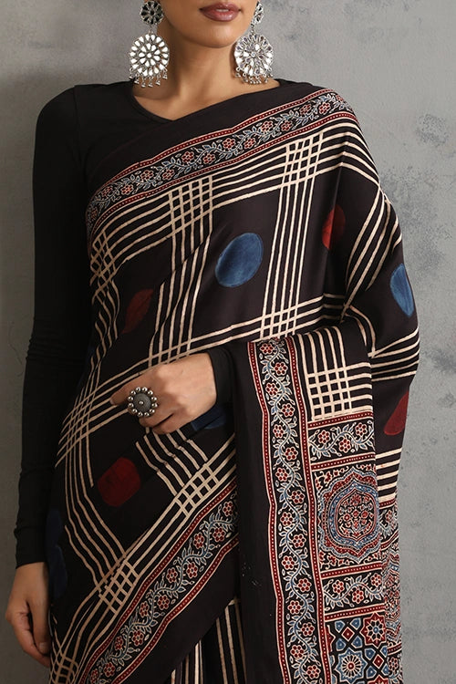 TENAARO  Geometry Black Ajrakh Hand Block Printed Modal  Saree