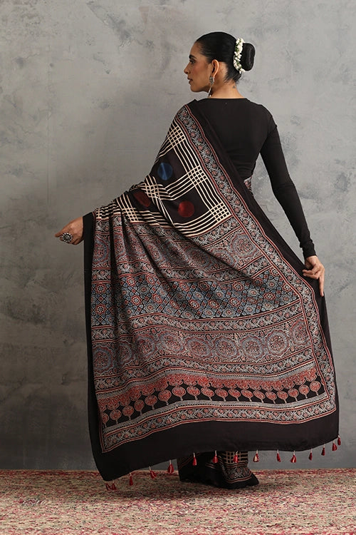 TENAARO  Geometry Black Ajrakh Hand Block Printed Modal  Saree