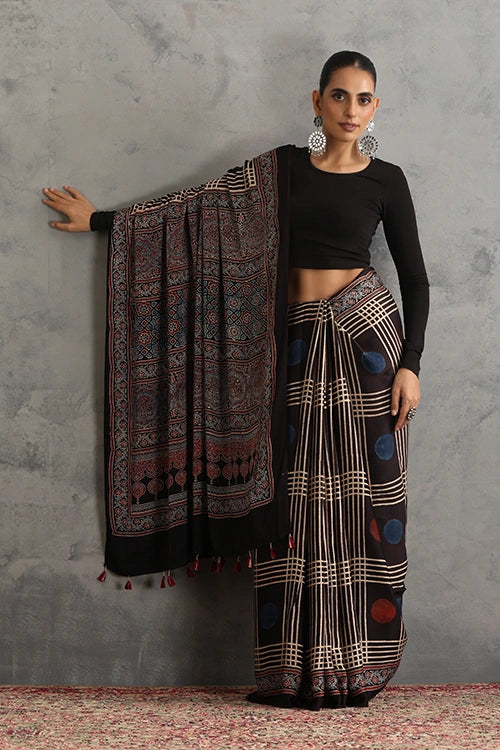 TENAARO  Geometry Black Ajrakh Hand Block Printed Modal  Saree