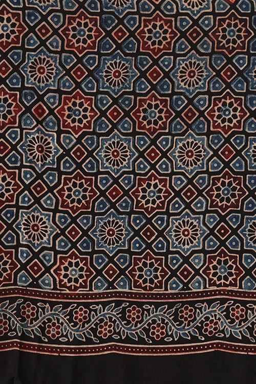 TENAARO  Geometry Black Ajrakh Hand Block Printed Modal  Saree