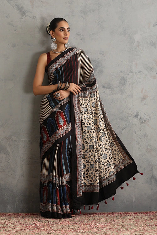 TENAARO  Chromatic Black Ajrakh Hand Block Printed Modal Silk Saree