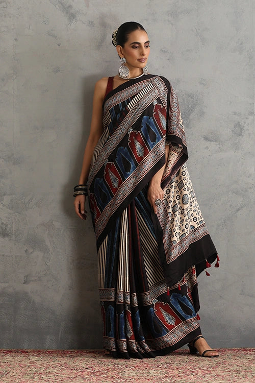 TENAARO  Chromatic Black Ajrakh Hand Block Printed Modal Silk Saree