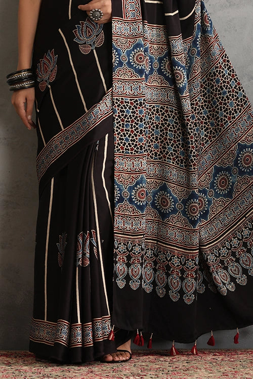 TENAARO Lotus Black Ajrakh Hand Block Printed Modal  Saree
