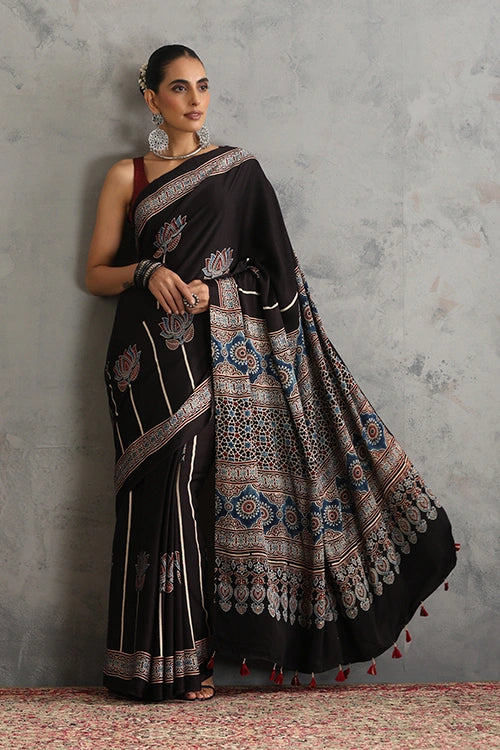 TENAARO Lotus Black Ajrakh Hand Block Printed Modal  Saree