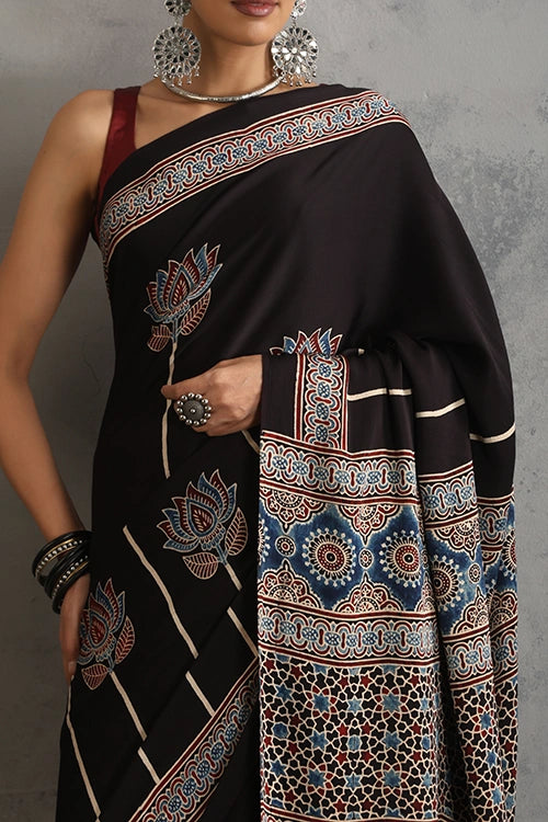 TENAARO Lotus Black Ajrakh Hand Block Printed Modal  Saree