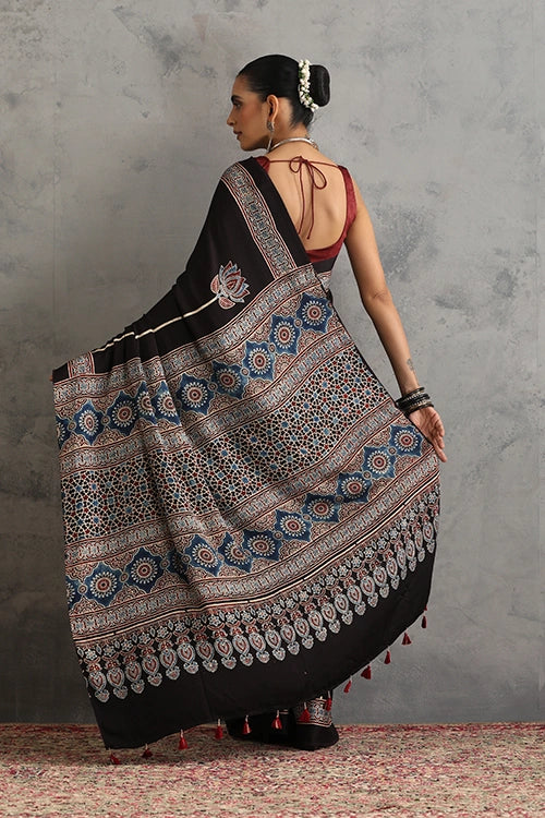 TENAARO Lotus Black Ajrakh Hand Block Printed Modal  Saree