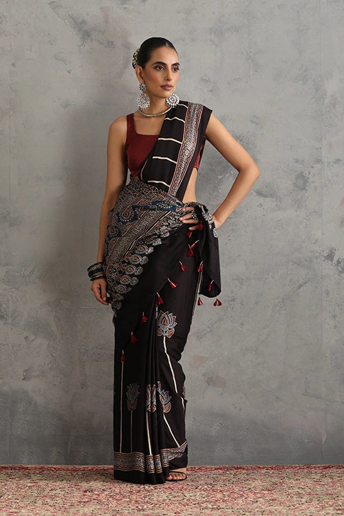 TENAARO Lotus Black Ajrakh Hand Block Printed Modal  Saree