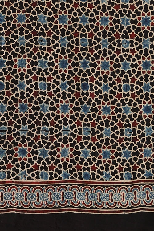 TENAARO Lotus Black Ajrakh Hand Block Printed Modal  Saree