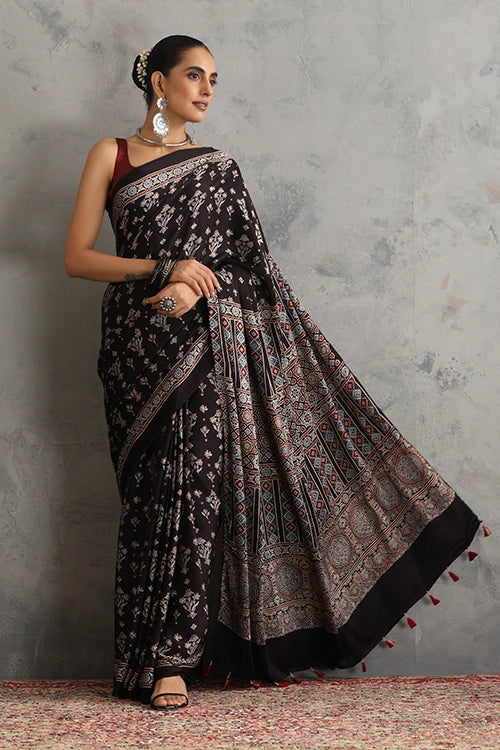 TENAARO Floral Black Ajrakh Hand Block Printed Modal Silk Saree