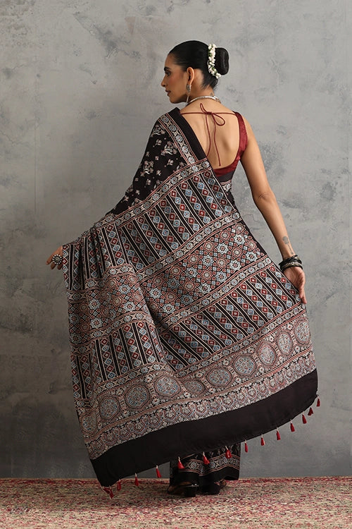 TENAARO Floral Black Ajrakh Hand Block Printed Modal Silk Saree
