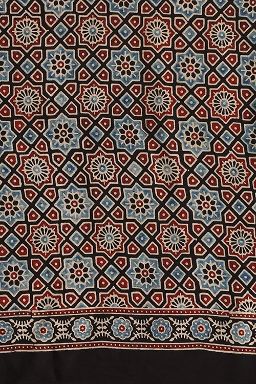 TENAARO Floral Black Ajrakh Hand Block Printed Modal Silk Saree