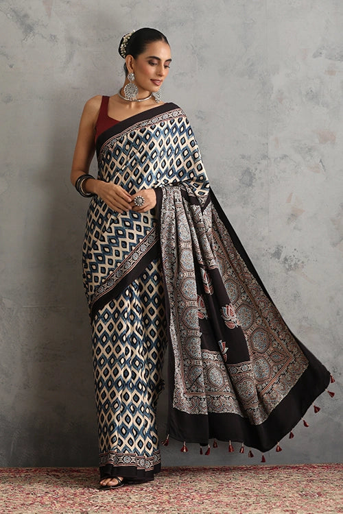 TENAARO  Geomatric Black Ajrakh Hand Block Printed Modal Silk Saree