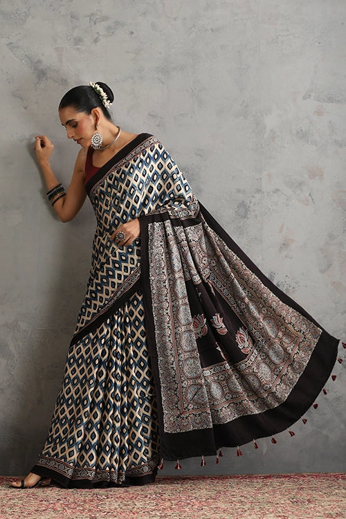 TENAARO  Geomatric Black Ajrakh Hand Block Printed Modal Silk Saree