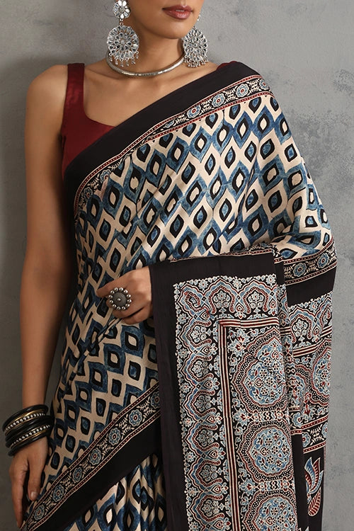 TENAARO  Geomatric Black Ajrakh Hand Block Printed Modal Silk Saree