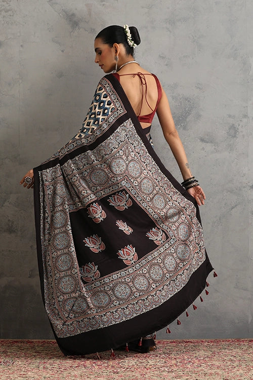 TENAARO  Geomatric Black Ajrakh Hand Block Printed Modal Silk Saree