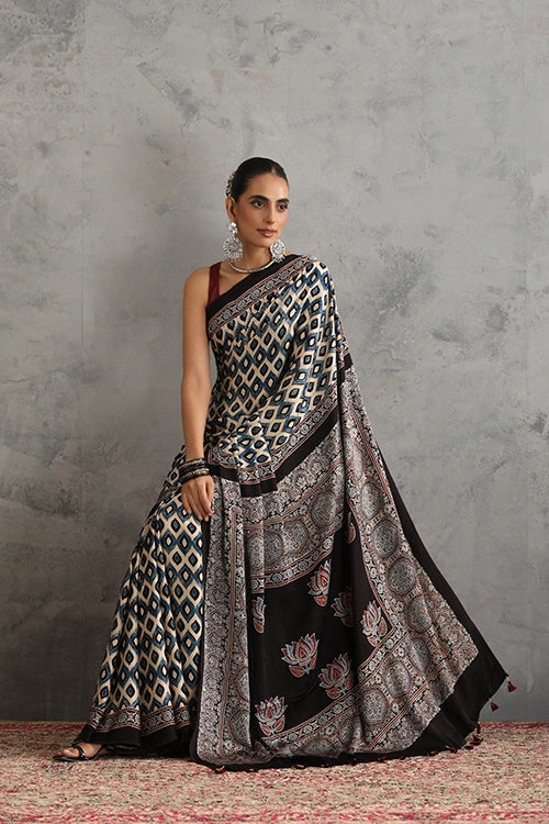 TENAARO  Geomatric Black Ajrakh Hand Block Printed Modal Silk Saree