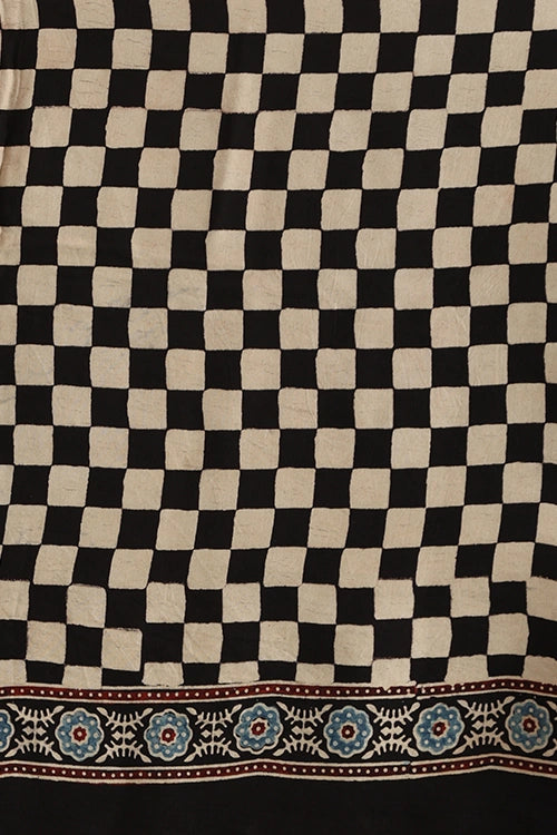 TENAARO  Geomatric Black Ajrakh Hand Block Printed Modal Silk Saree