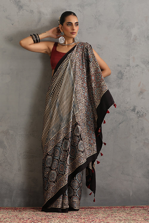 TENAARO  Striped Black Ajrakh Hand Block Printed Modal Silk Saree