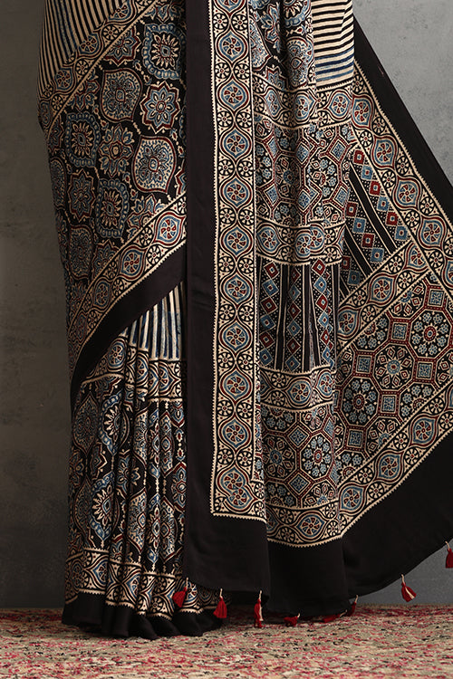 TENAARO  Striped Black Ajrakh Hand Block Printed Modal Silk Saree