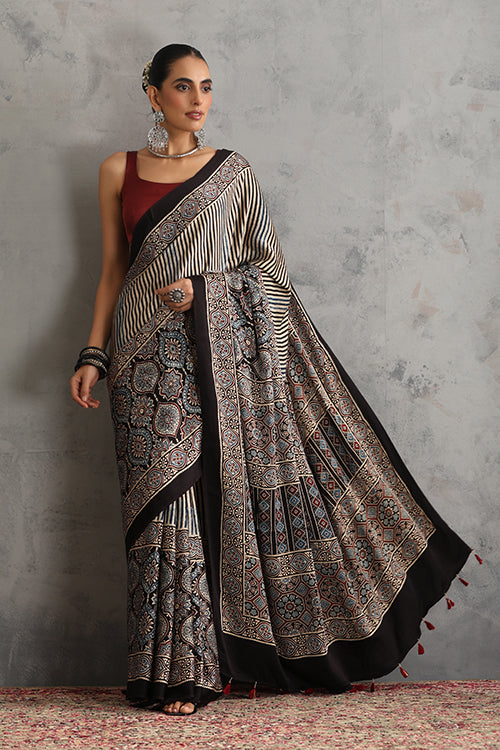 TENAARO  Striped Black Ajrakh Hand Block Printed Modal Silk Saree