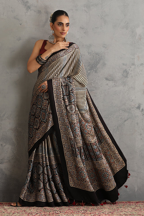 TENAARO  Striped Black Ajrakh Hand Block Printed Modal Silk Saree