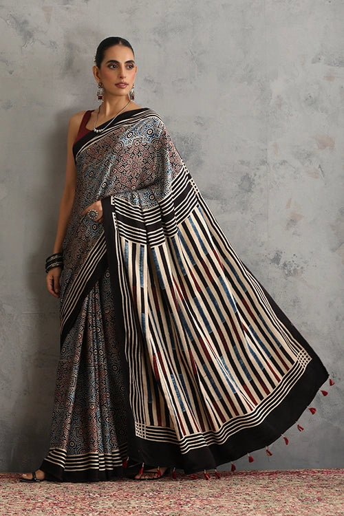 TENAARO Timeless Black Ajrakh Hand Block Printed Modal Silk Saree