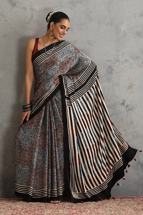 TENAARO Timeless Black Ajrakh Hand Block Printed Modal Silk Saree