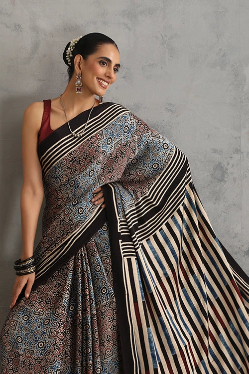 TENAARO Timeless Black Ajrakh Hand Block Printed Modal Silk Saree