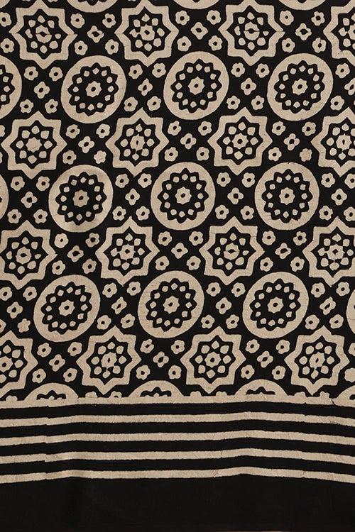 TENAARO Timeless Black Ajrakh Hand Block Printed Modal Silk Saree