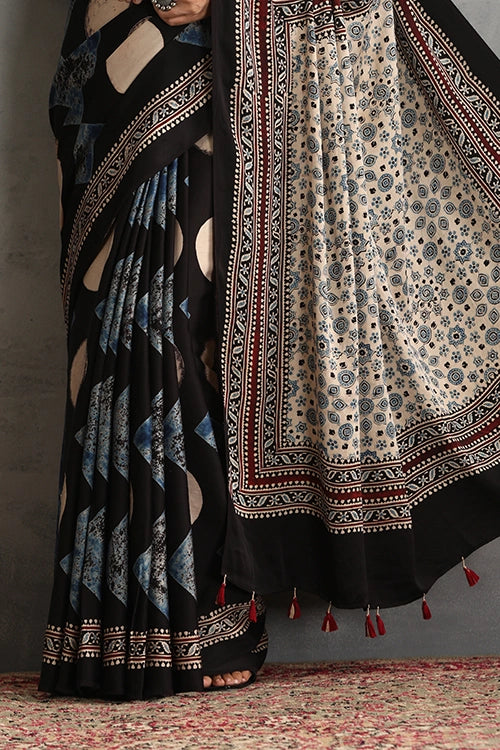 TENAARO Abstrac Black Ajrakh Hand Block Printed Modal Silk Saree