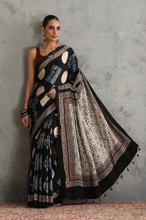 TENAARO Abstrac Black Ajrakh Hand Block Printed Modal Silk Saree