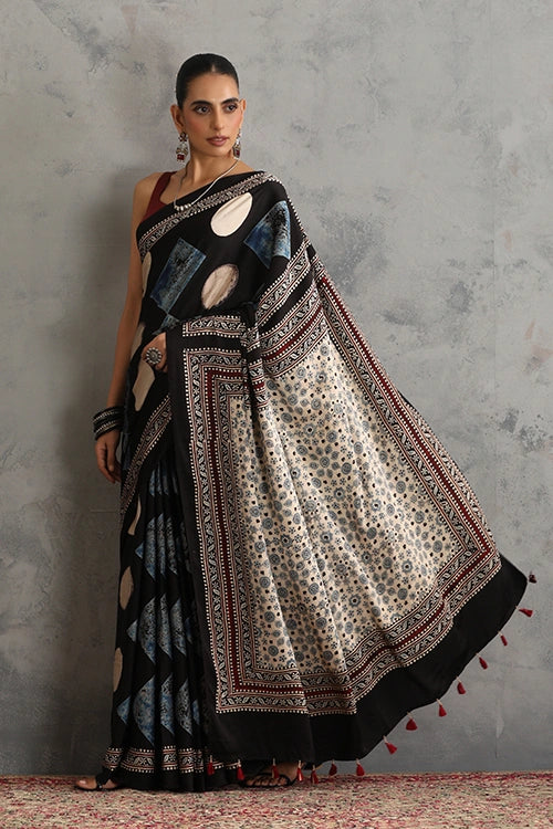 TENAARO Abstrac Black Ajrakh Hand Block Printed Modal Silk Saree
