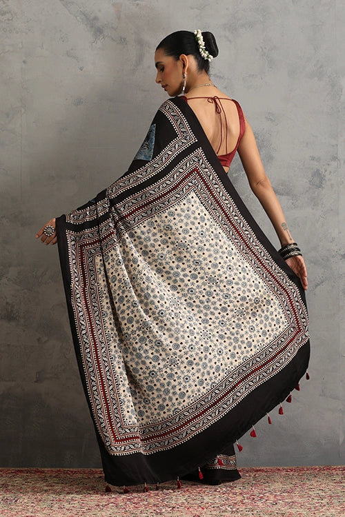 TENAARO Abstrac Black Ajrakh Hand Block Printed Modal Silk Saree