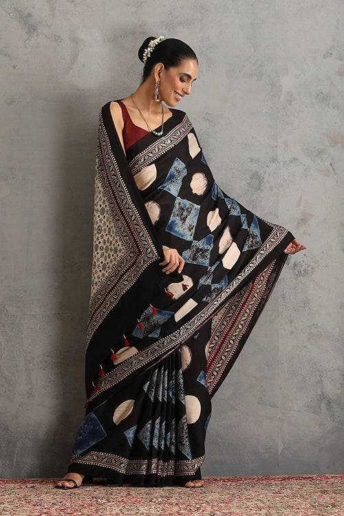 TENAARO Abstrac Black Ajrakh Hand Block Printed Modal Silk Saree