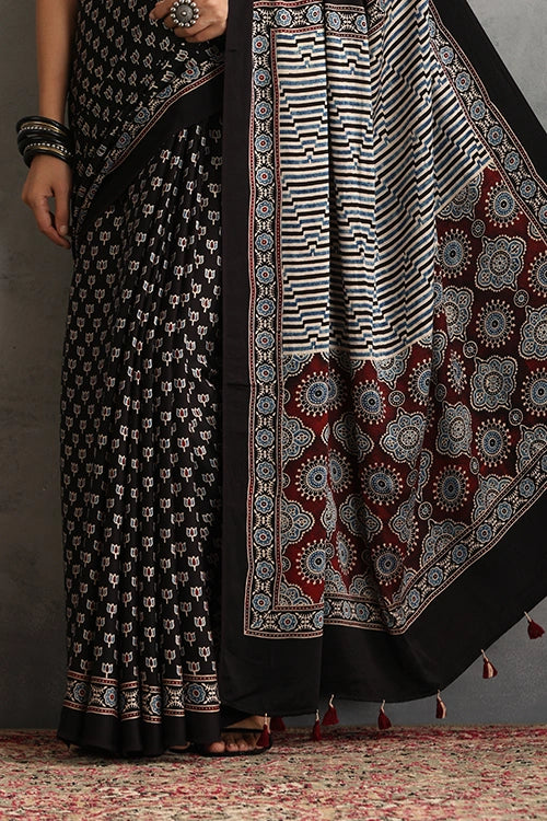 TENAARO  Lotus Black Ajrakh Hand Block Printed Modal Silk Saree
