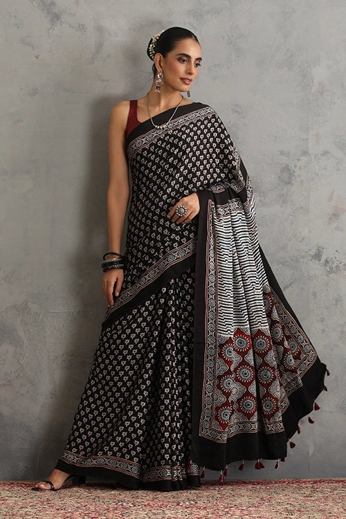 TENAARO  Lotus Black Ajrakh Hand Block Printed Modal Silk Saree