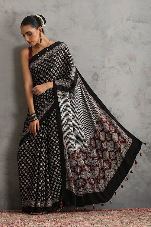 TENAARO  Lotus Black Ajrakh Hand Block Printed Modal Silk Saree