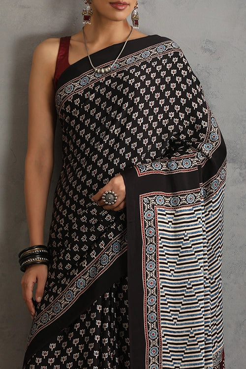 TENAARO  Lotus Black Ajrakh Hand Block Printed Modal Silk Saree