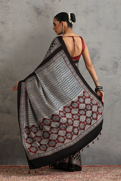 TENAARO  Lotus Black Ajrakh Hand Block Printed Modal Silk Saree