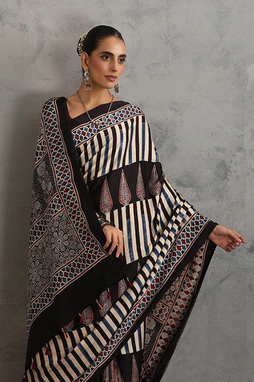 TENAARO  Floral Geometry Black Ajrakh Hand Block Printed Modal Silk Saree