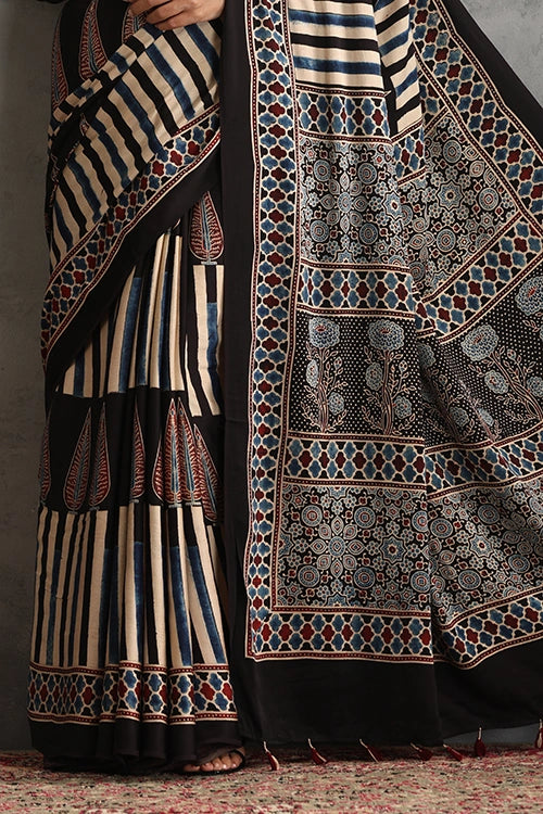 TENAARO  Floral Geometry Black Ajrakh Hand Block Printed Modal Silk Saree