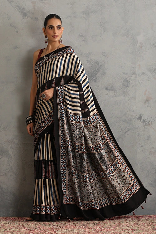TENAARO  Floral Geometry Black Ajrakh Hand Block Printed Modal Silk Saree