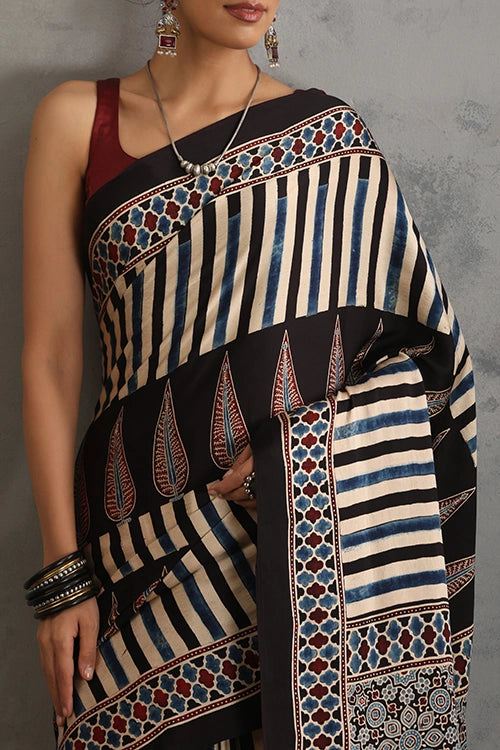 TENAARO  Floral Geometry Black Ajrakh Hand Block Printed Modal Silk Saree