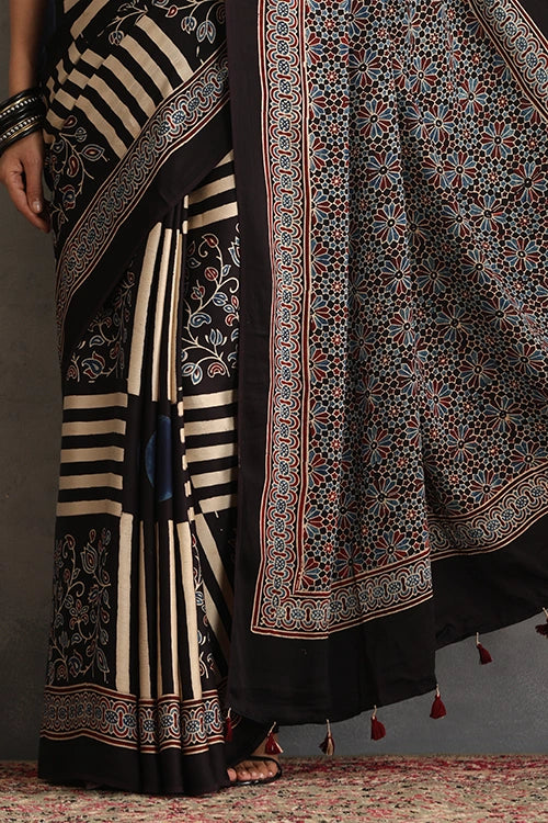 TENAARO  Moon Black Ajrakh Hand Block Printed Modal Silk Saree