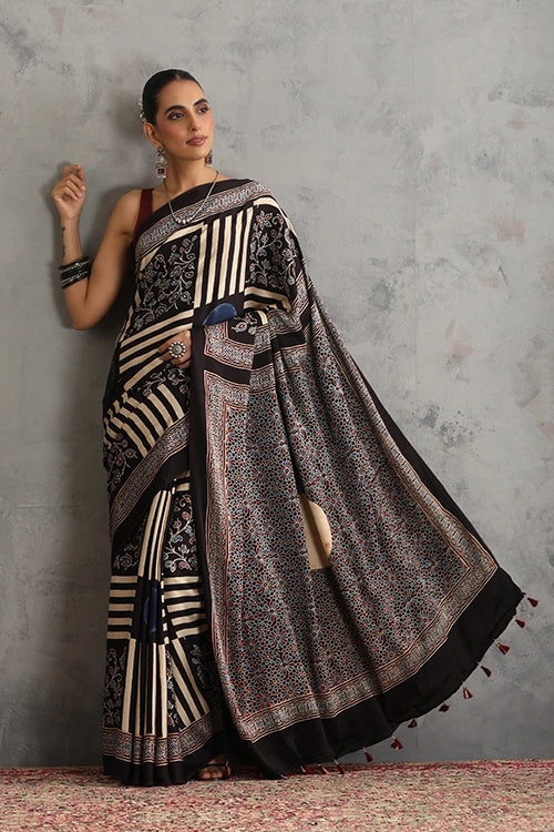TENAARO  Moon Black Ajrakh Hand Block Printed Modal Silk Saree