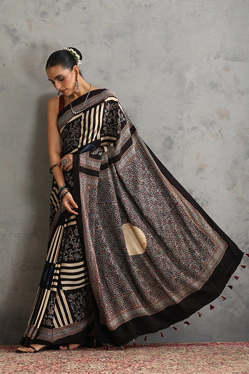 TENAARO  Moon Black Ajrakh Hand Block Printed Modal Silk Saree
