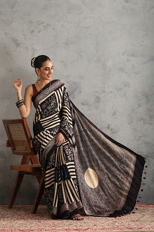TENAARO  Moon Black Ajrakh Hand Block Printed Modal Silk Saree