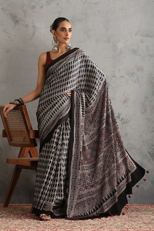 TENAARO  Interlace Black  Ajrakh Hand Block Printed Modal Silk Saree